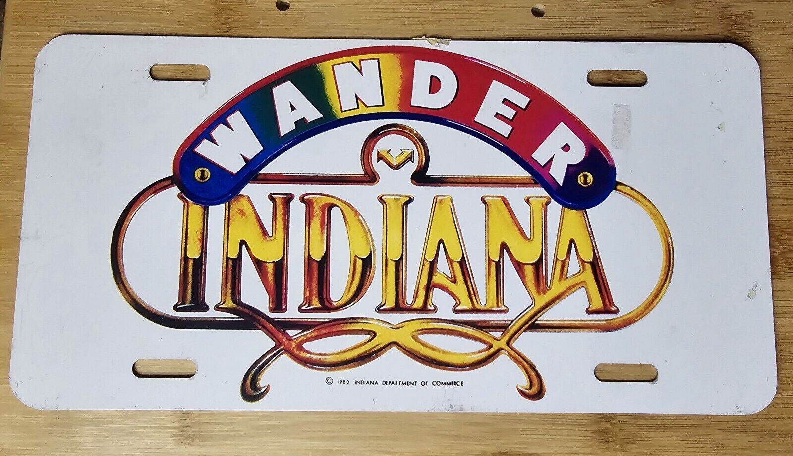 Vintage Wander Indiana Metal Booster License Vanity Plate 1982 Dept. Of Commerce