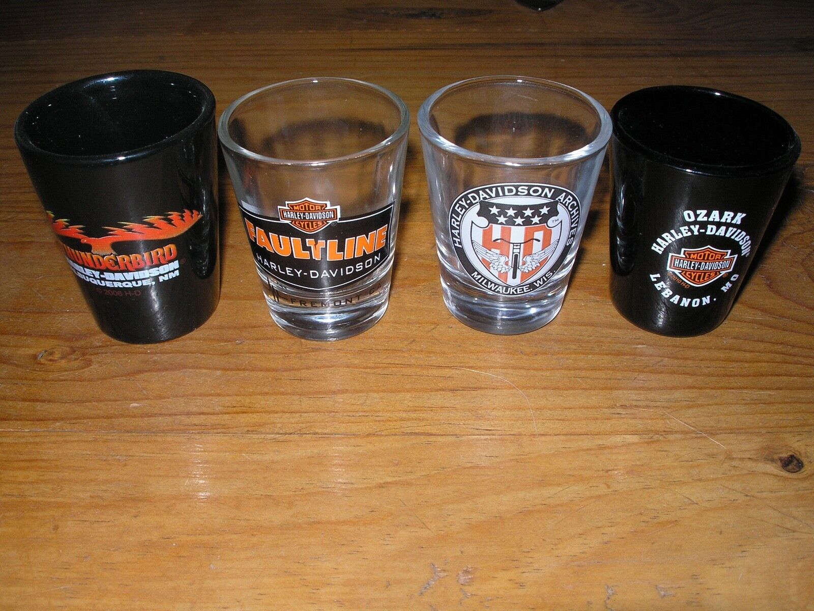 Harley-Davidson Lot 4 Shot Glasses Albuquerque, Fremont, Milwaukee, Lebanon
