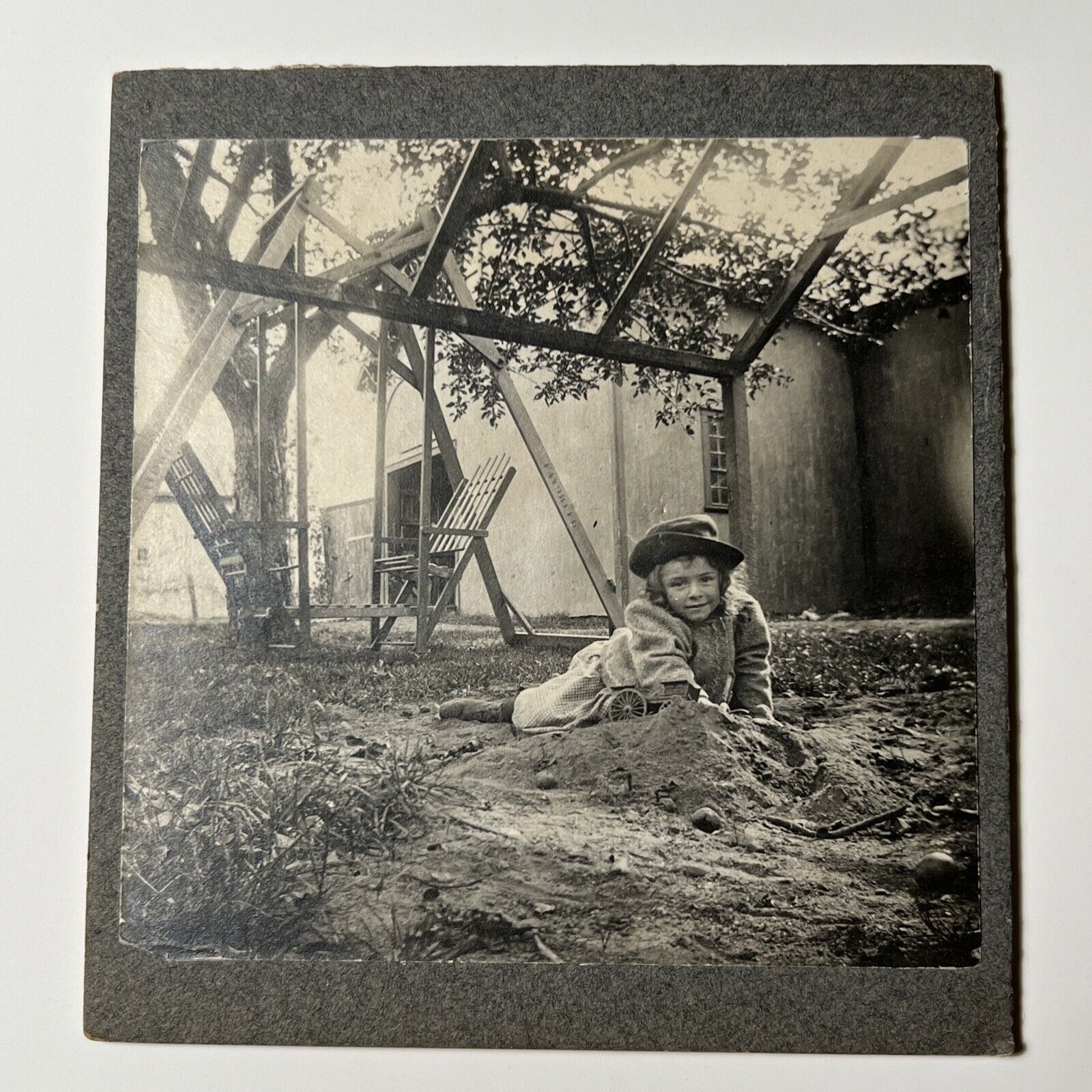 Child Playing in the DIRT by SWING 1890 antique Cabinet Card Photo TRACTOR TOY