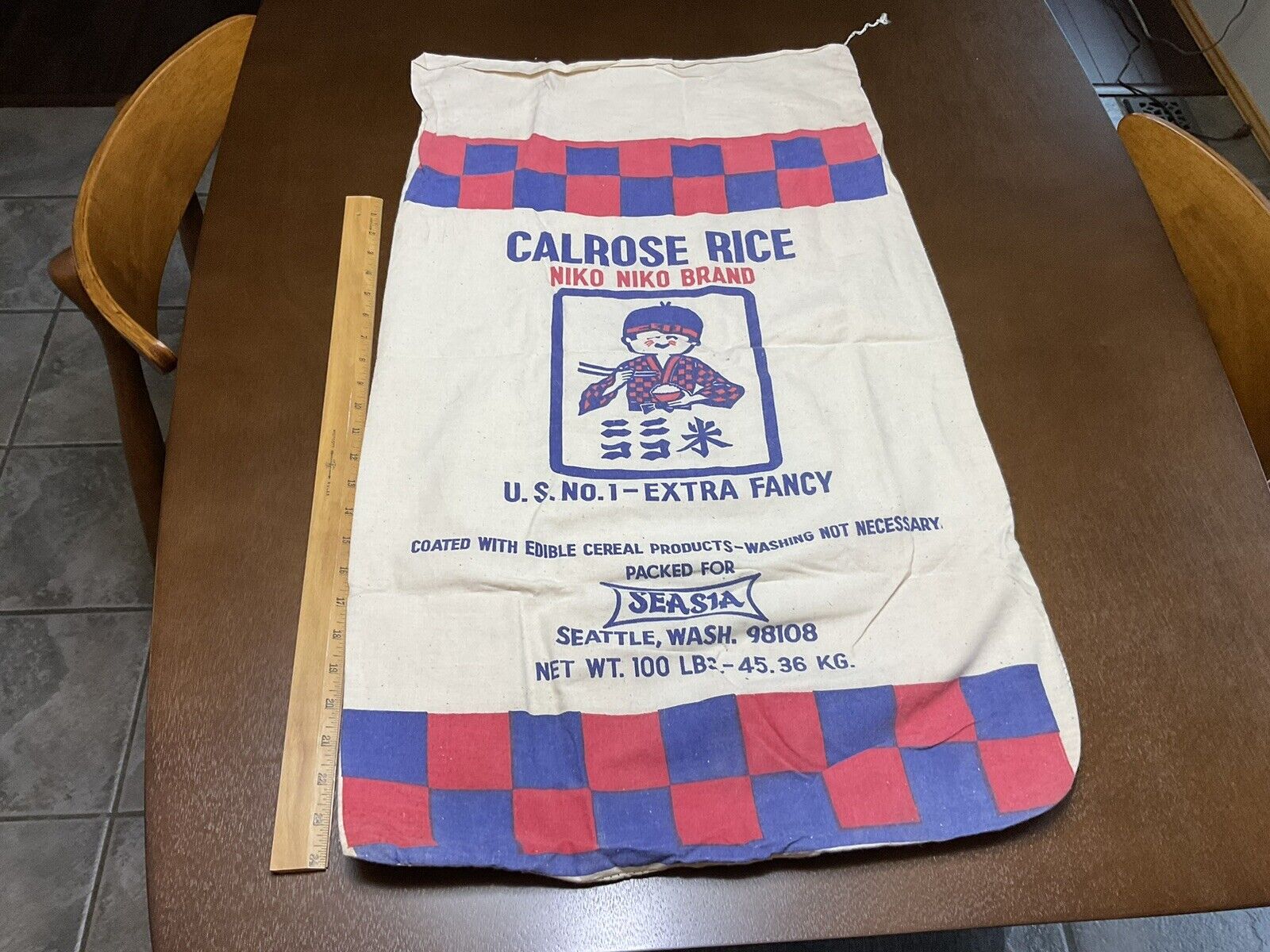 Vintage Seattle Calrose 100 Lb Rice Cloth Sack Bag *Rare find* (17\