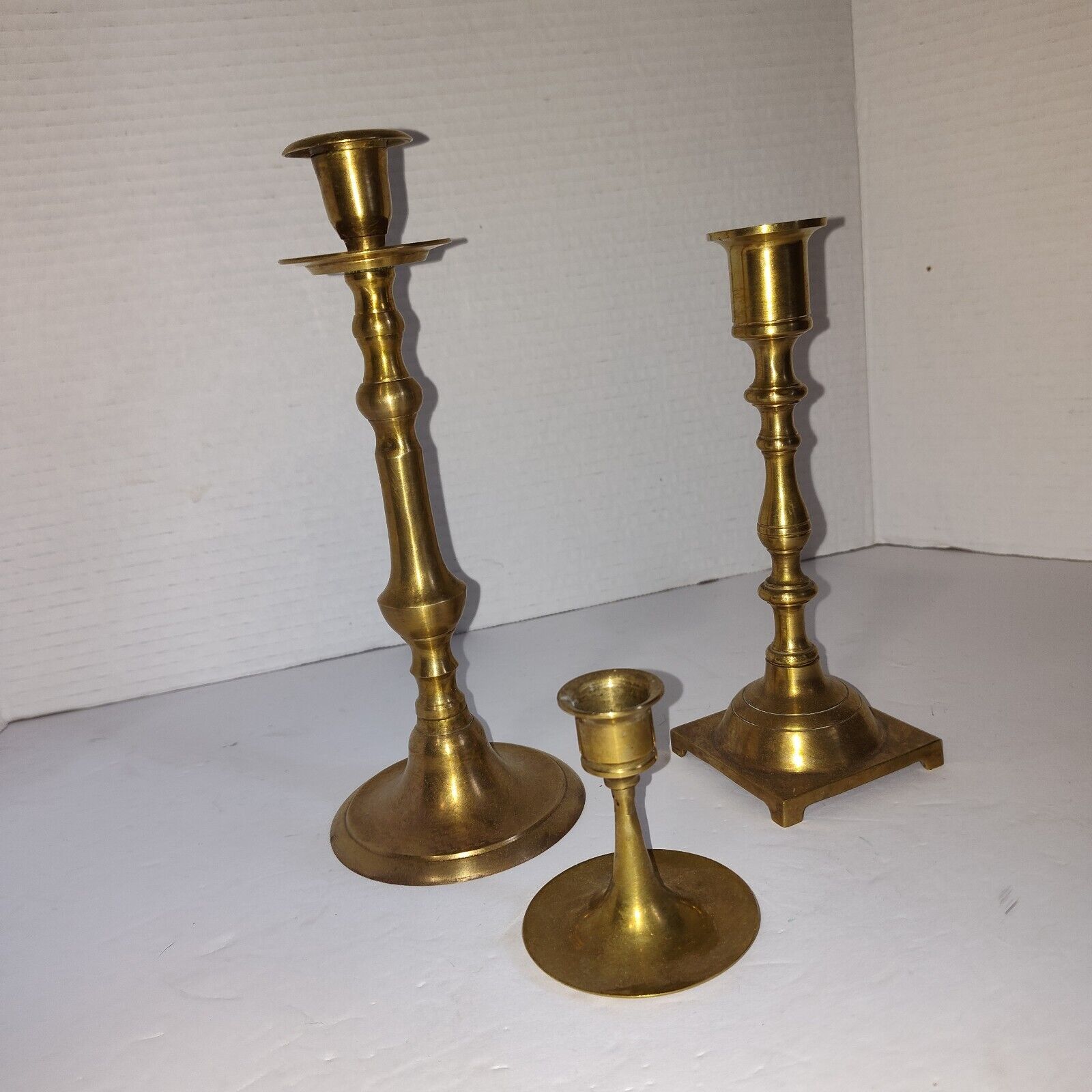 Vintage Brass Candlestick Holders Set Of 3 Mixed MCM Romantic Wedding Christmas 