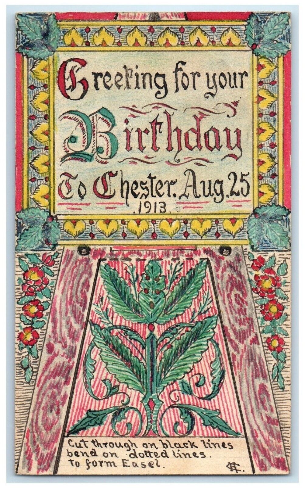 1913 Greetings For Your Birthday Hand Drawn Art Painted Postal Card Postcard