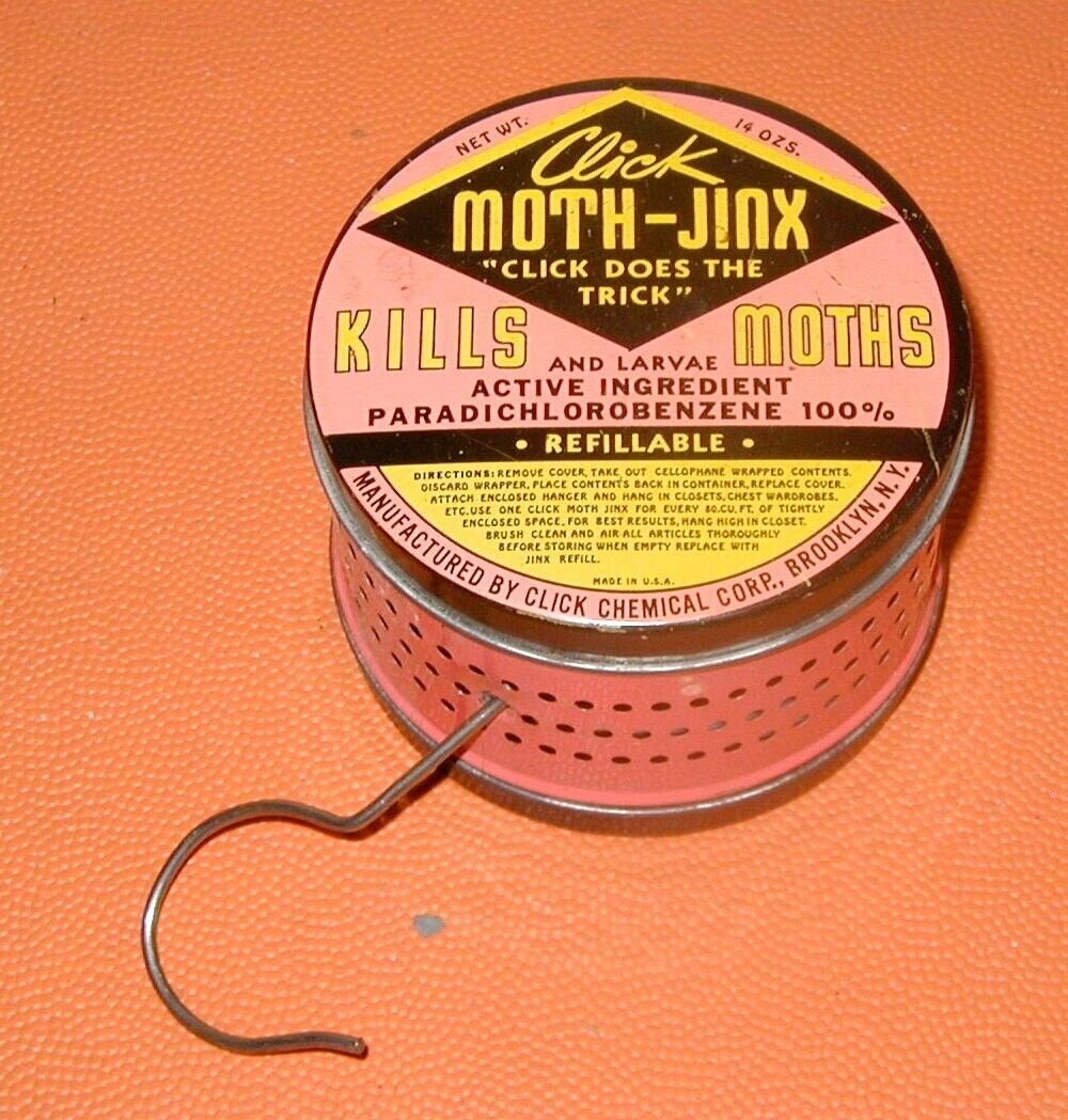 Click Moth-Jinx vintage hanging tin can moth killer advertising display