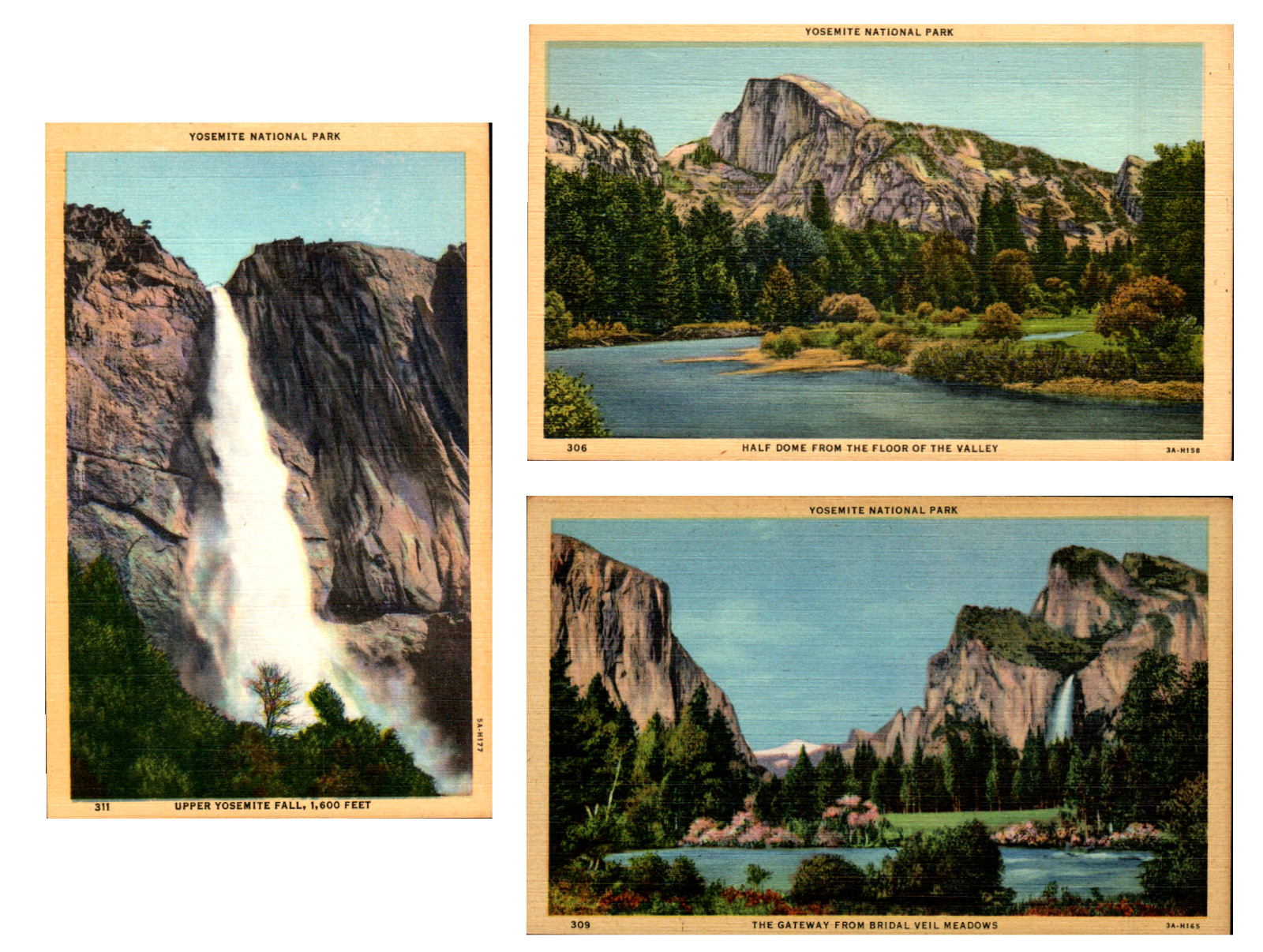 SET OF 3 Antique 1930s Vintage Yosemite Postcards Half Dome Bridalveil Falls