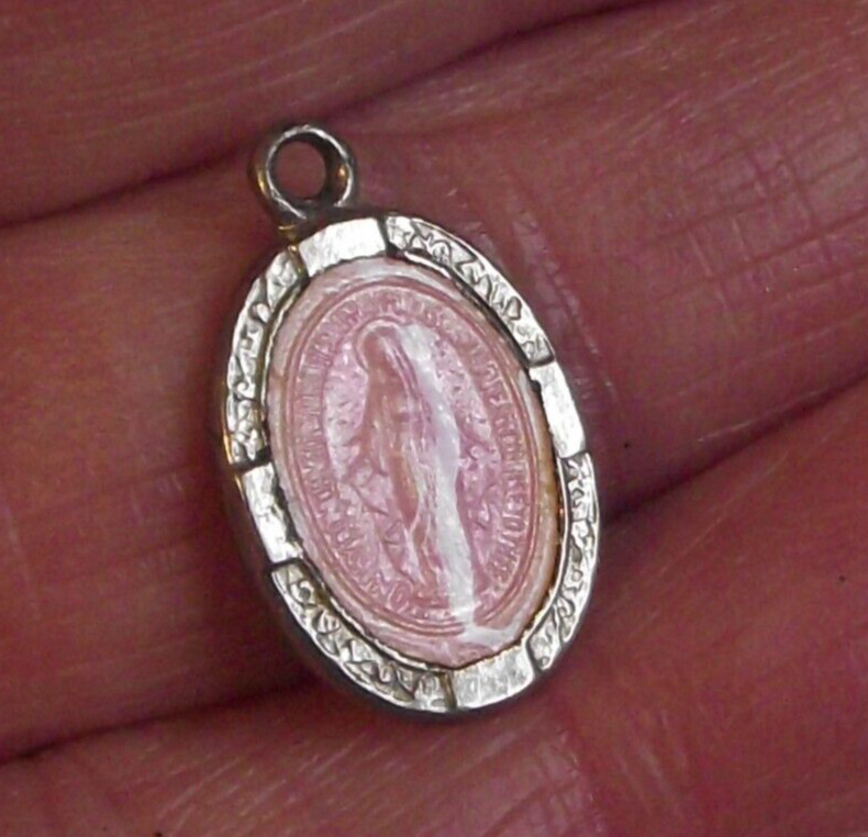 Vintage religious oval medal pink enamel Miraculous Virgin Mary charm pendant