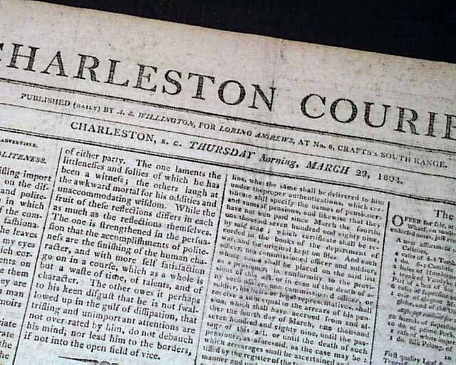 Rare & Very Early Charleston SC South Carolina Thomas Jefferson 1803 Newspaper