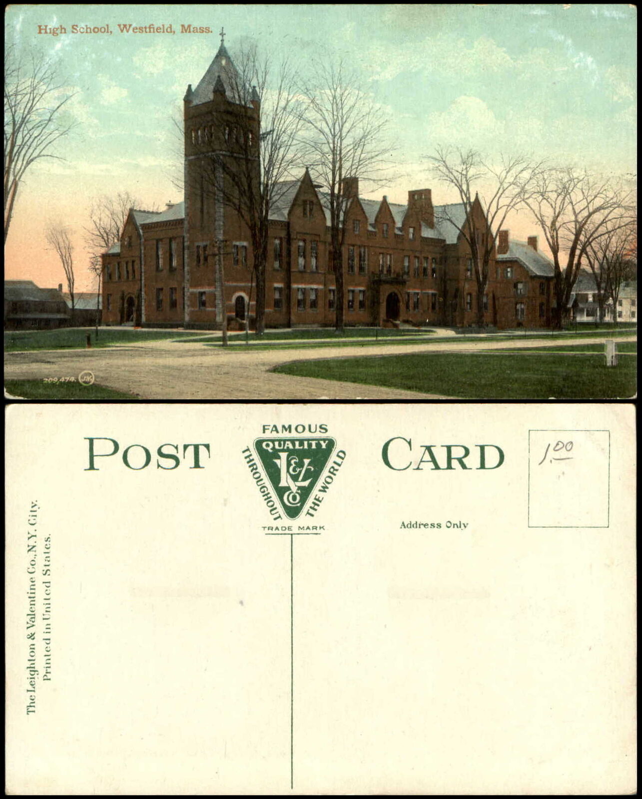 High School Westfield Massachusetts MA ca. 1910 postcard