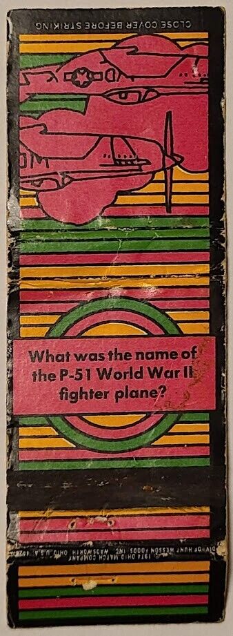 1974 Ohio Match Trivia Series Matchbook Cover WWII P-51 Fighter Plane Mustang