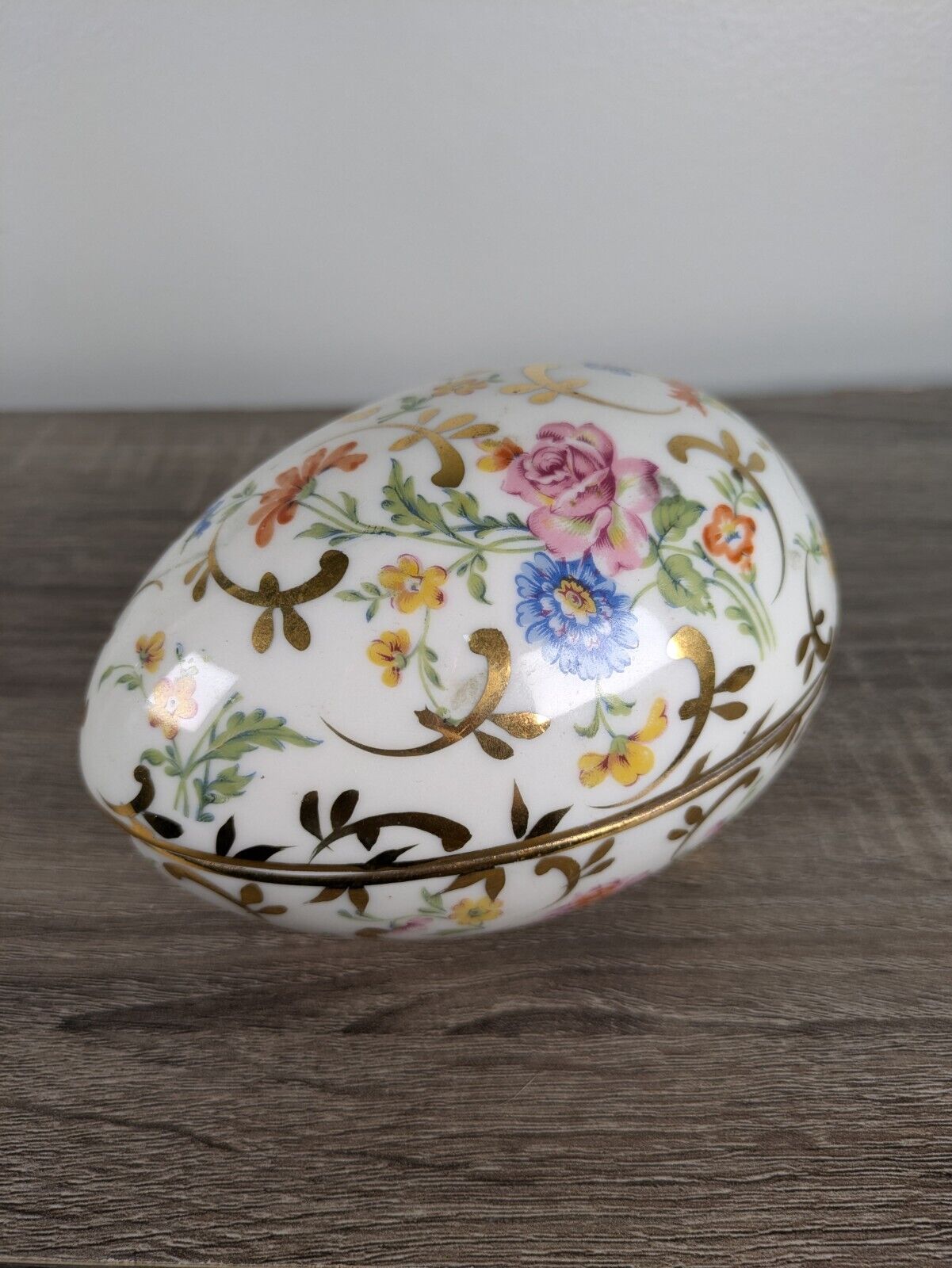Vintage Porcelain Trinket Box - Oval (Egg) Shaped - Floral Design Gold Accents