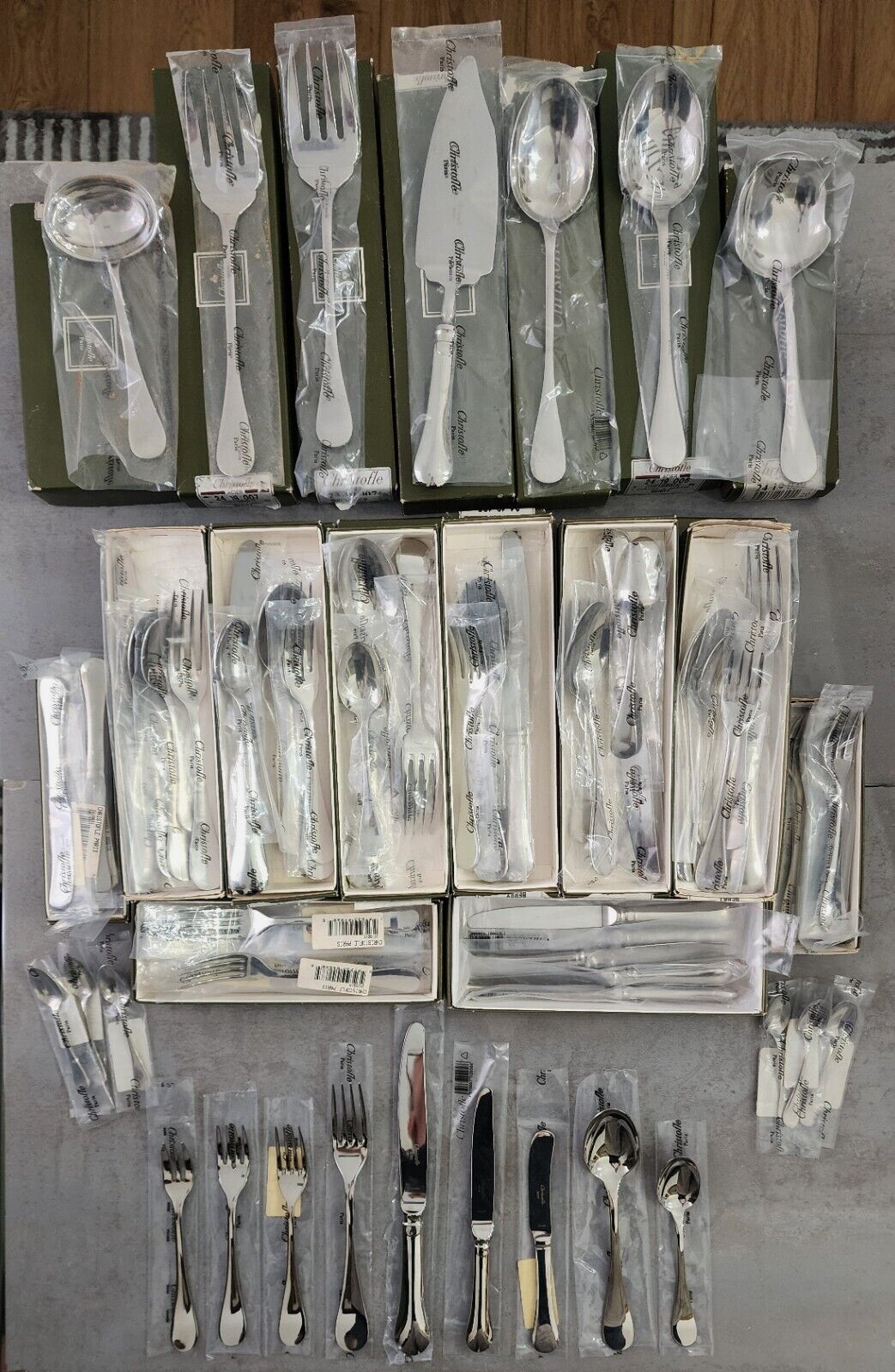 NEW OLD 117pc SET:CHRISTOFLE BERRY STAINLESS STEEL FLATWARE 12PLACE/9pc* + 7SRVS