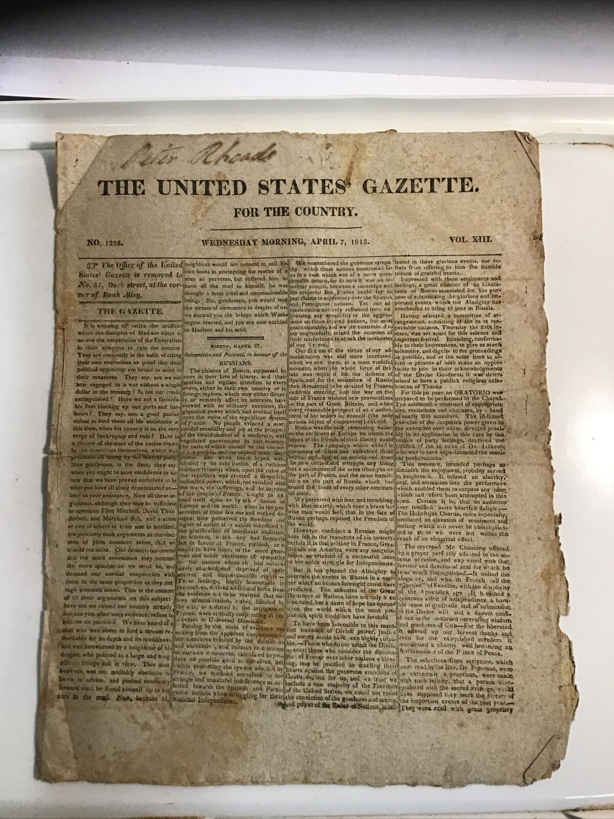 The United States Gazette Wed. April 7, 1813 Vol. XIII for (Judge) Peter Rhoads