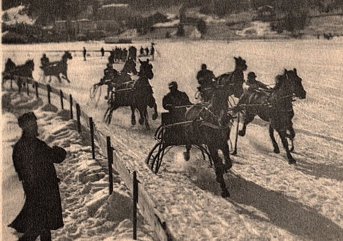 C1930s Horse Racing Equestrian St. Moritz Trabrennen Snow  Vintage Postcard