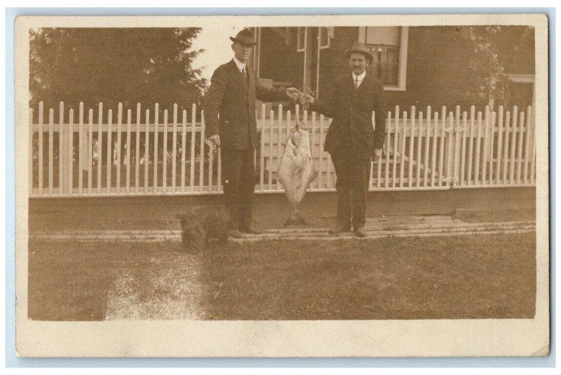 c1910\'s Two Men Giant Flounder Fish Terrier Dog RPPC Unposted Photo Postcard