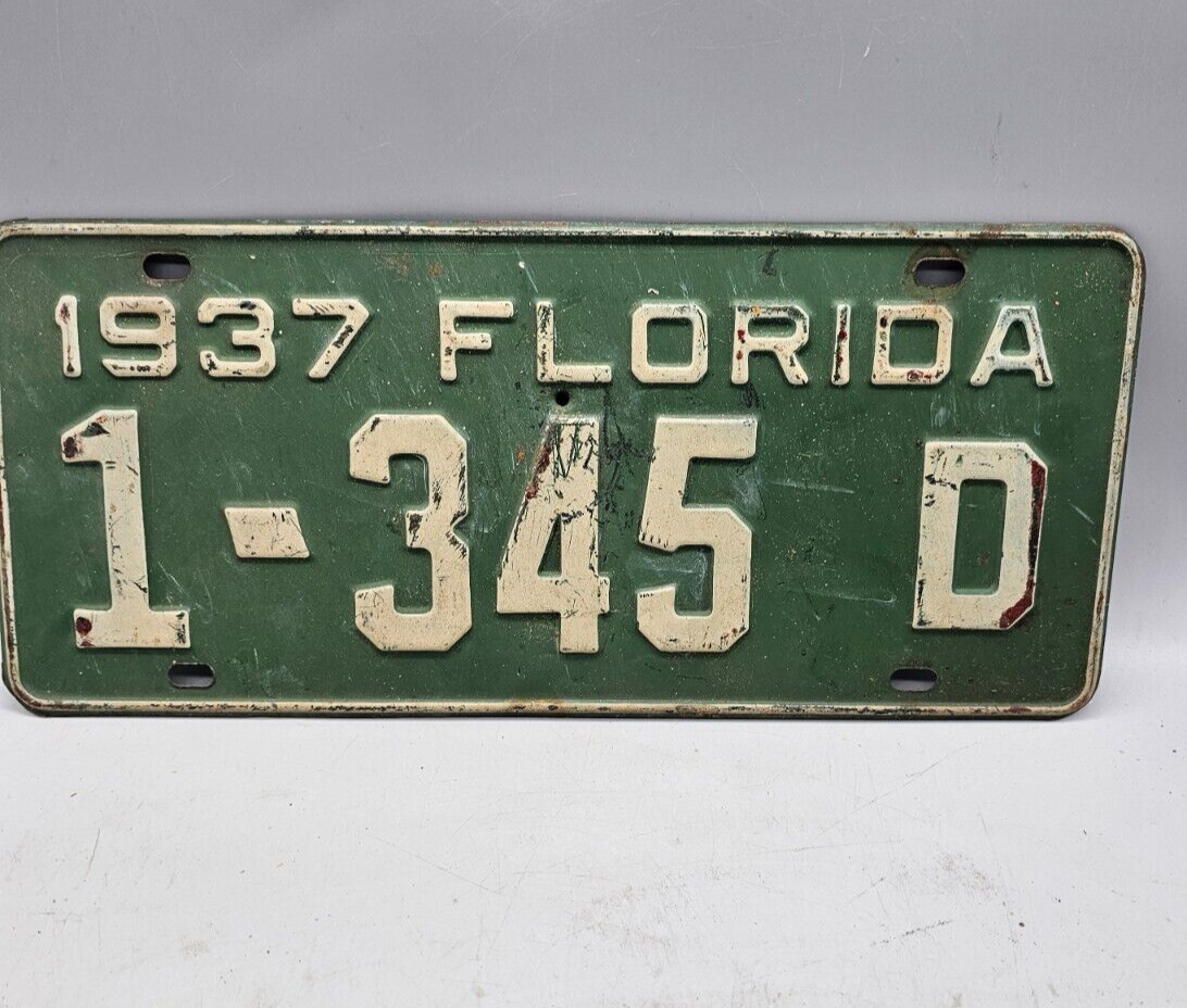 1937 Florida License Plate Mancave Garage Craft Green / White 1-345 D