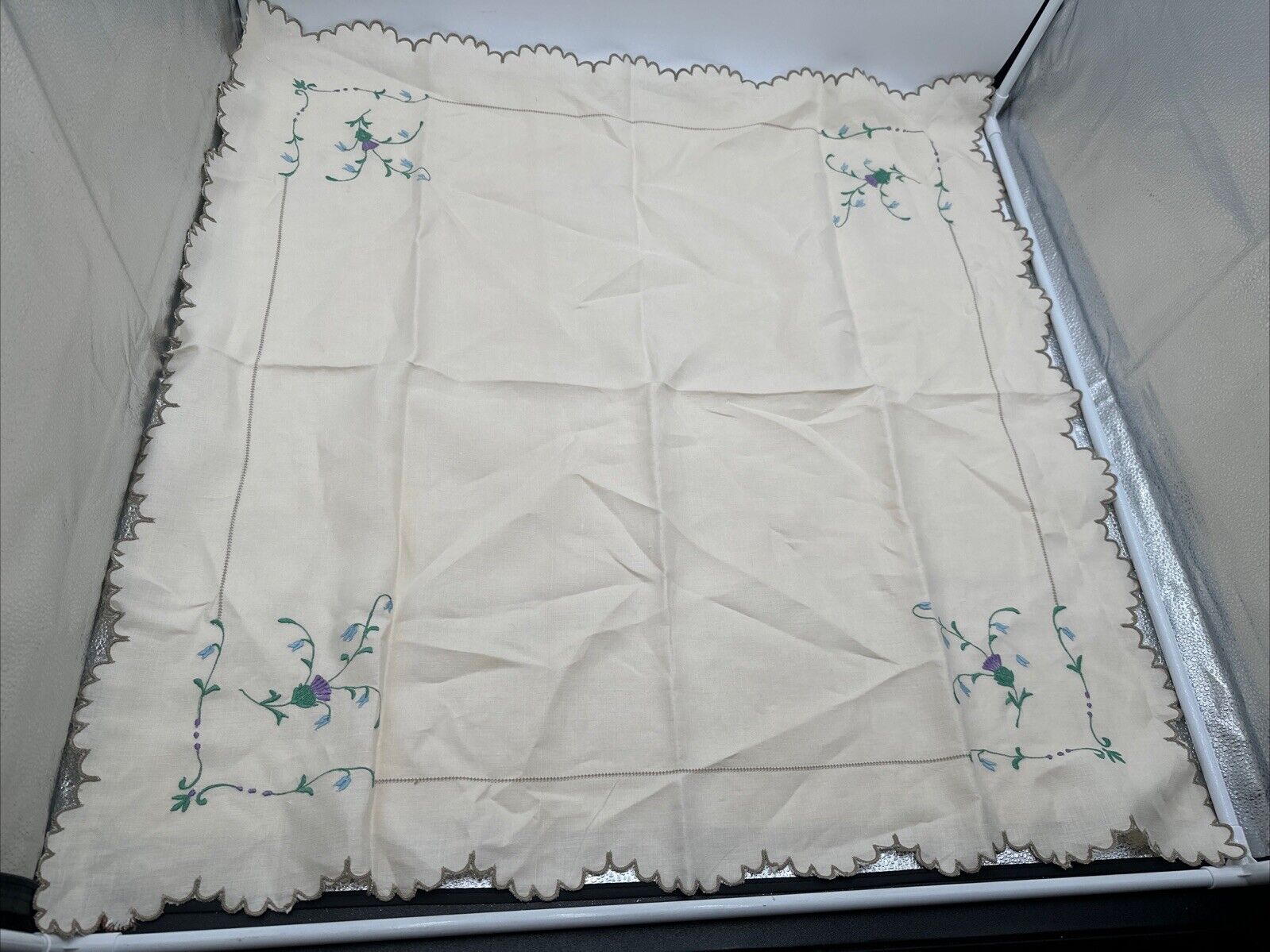 Vtg Hand Embroidered Linen Table Topper 34x33 Purple Floral Scalloped Edges