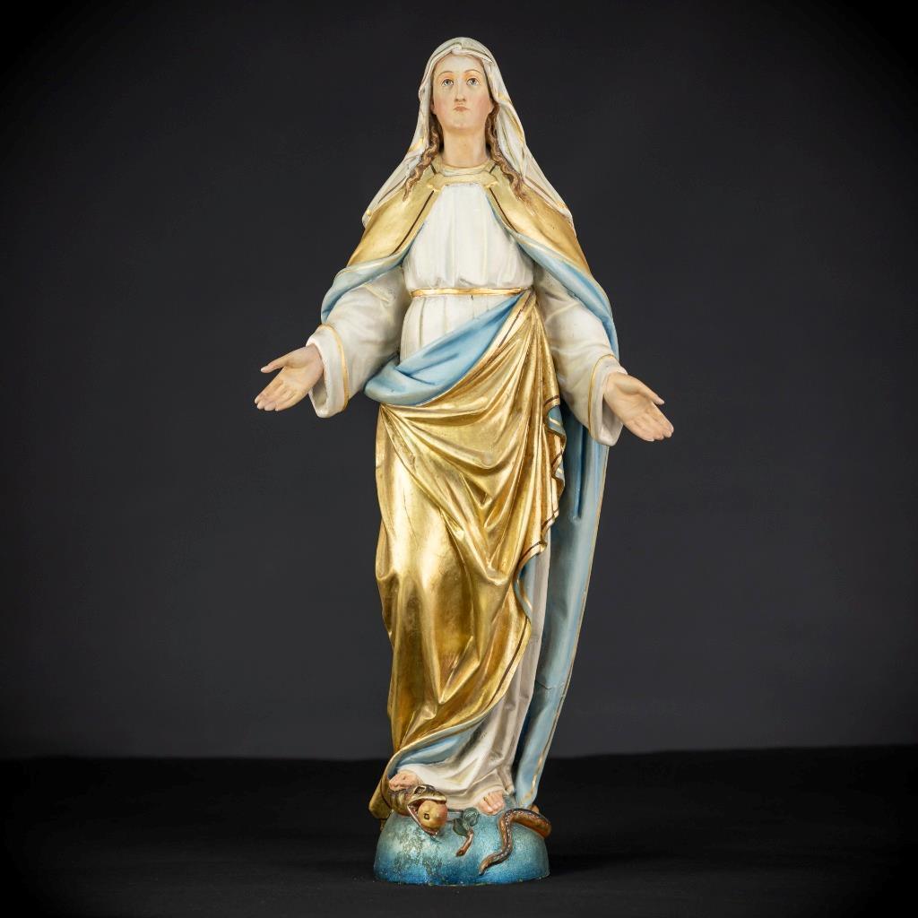 Virgin Mary Sculpture | Immaculate Conception Antique 1800s Wooden Figure 20.6”_