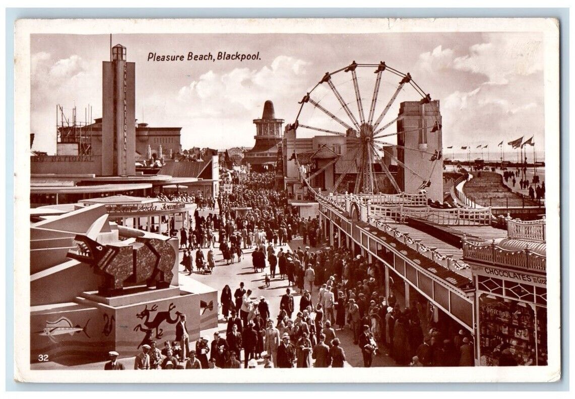 1939 Pleasure Beach View Ferris Wheel Blackpool England RPPC Photo Postcard