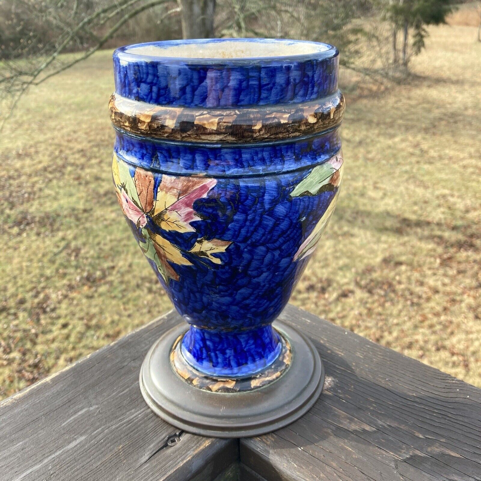 ANTIQUE Hand Painted Cobalt Blue w/Leaves Brass Footed Urn Style Vase Signed