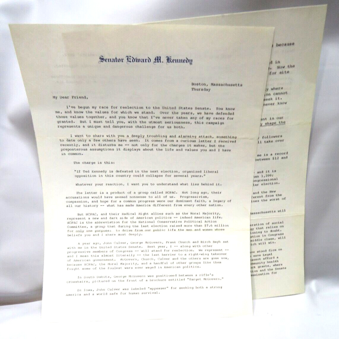 Reelection 4 Page Letter Signed by Senator Edward M. Ted Kennedy US Senate