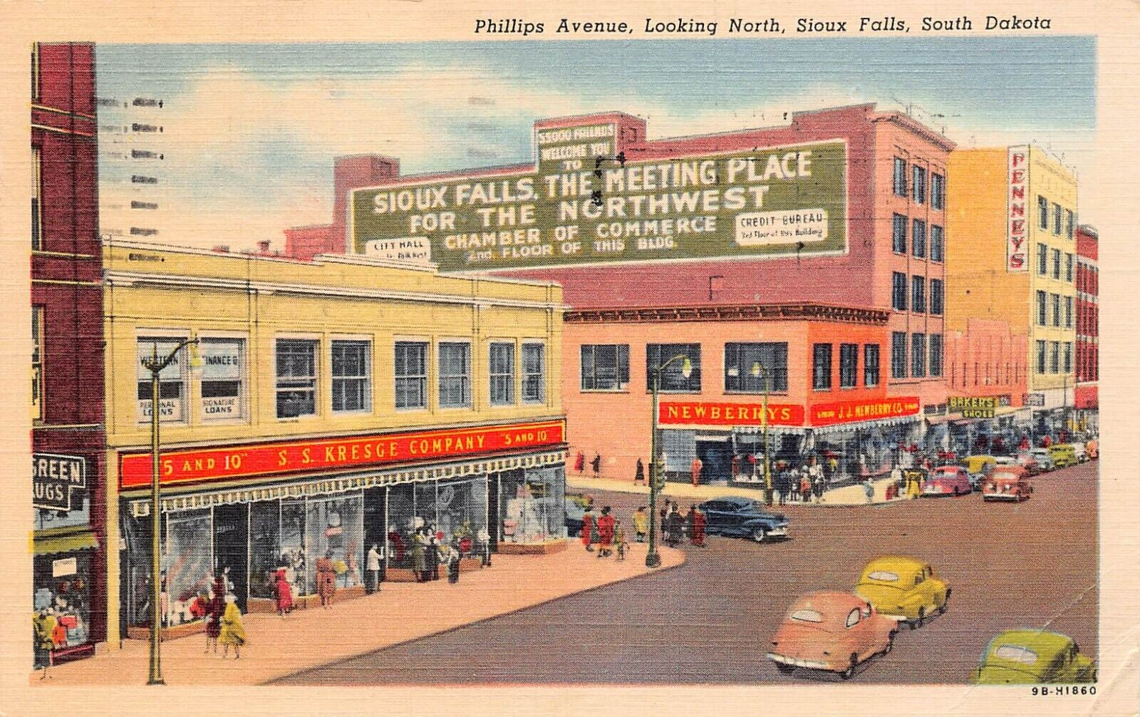 Sioux Falls SD South Dakota Phillips Avenue  Main Street 1950s Vtg Postcard A12