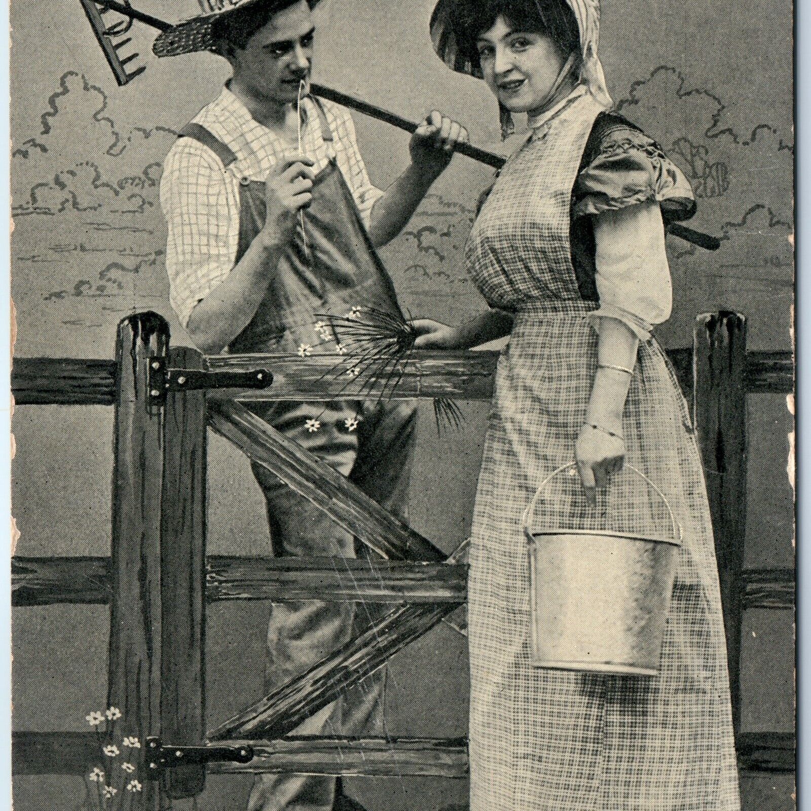 1909 Adorable Farmer Romance Dairymaid Love Smile Cute Girl Bullseye Cancel A169