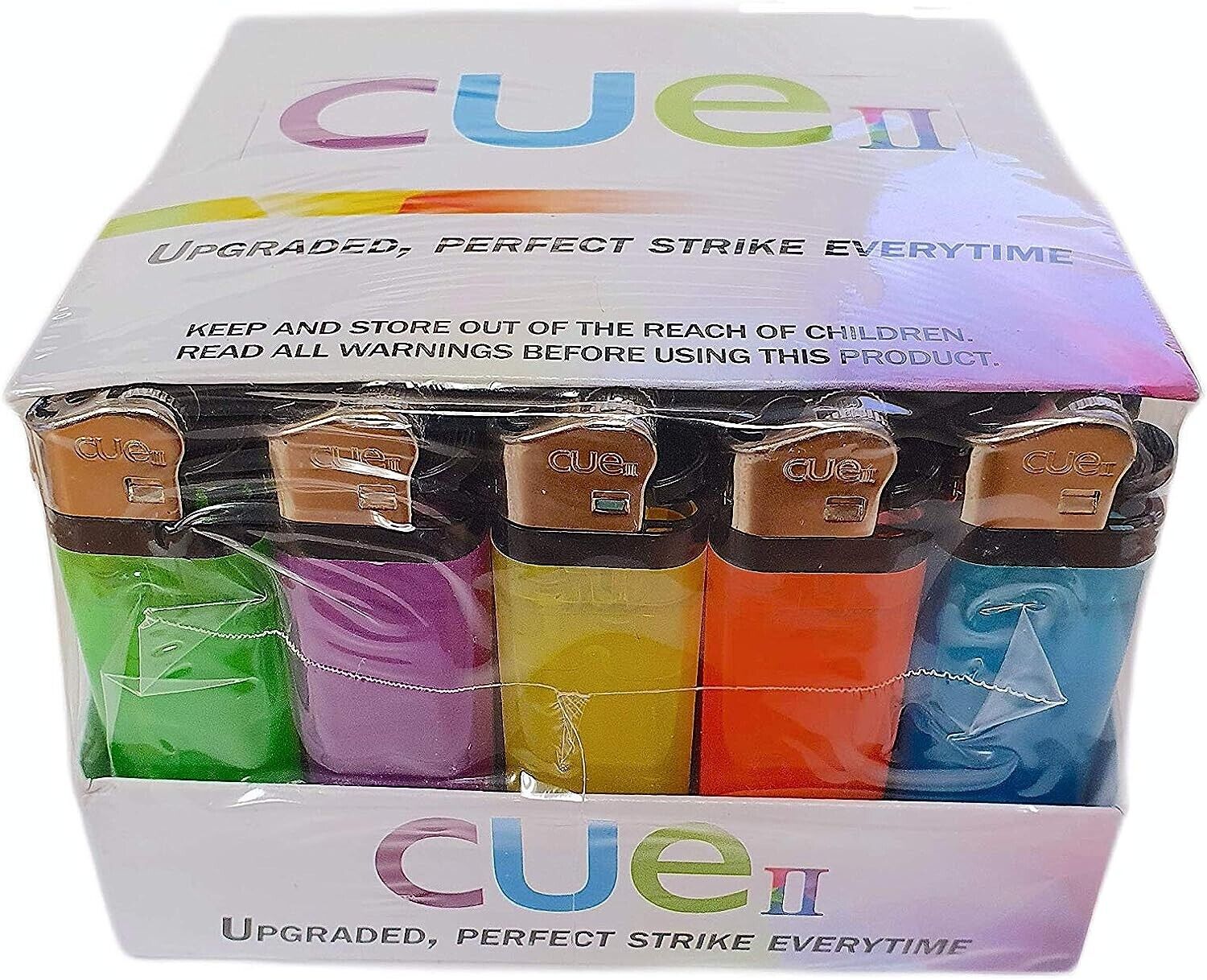 50 Display CUE II Classic Lighters, Assorted Colors, Regular Size, Long Lasting