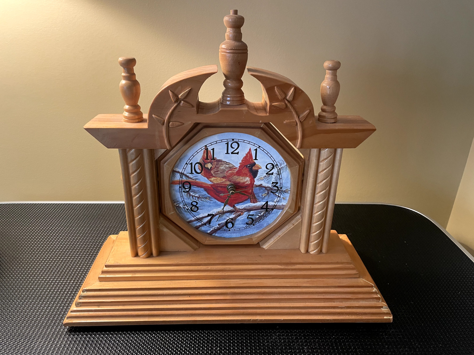 Large Wooden Mantel Clock, Cardinal Bird, Winter, Light Brown, Red, Painted