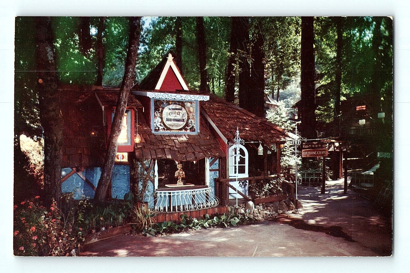 Wedding Chapel Giant Redwoods Folk Hobbit House CA Brookdale Lodge Postcard E8