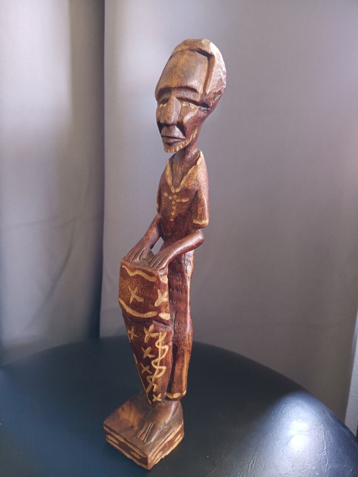 Vintage African Hand Carved Wooden Figurine Man Playing Drum