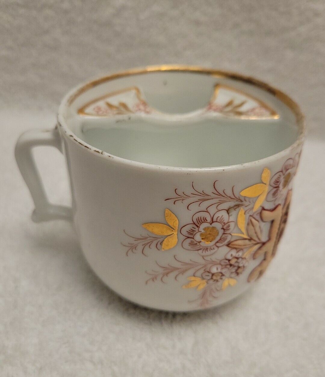 Vintage Mustache Cup PRESENT Flowers With Gold Trim Signed