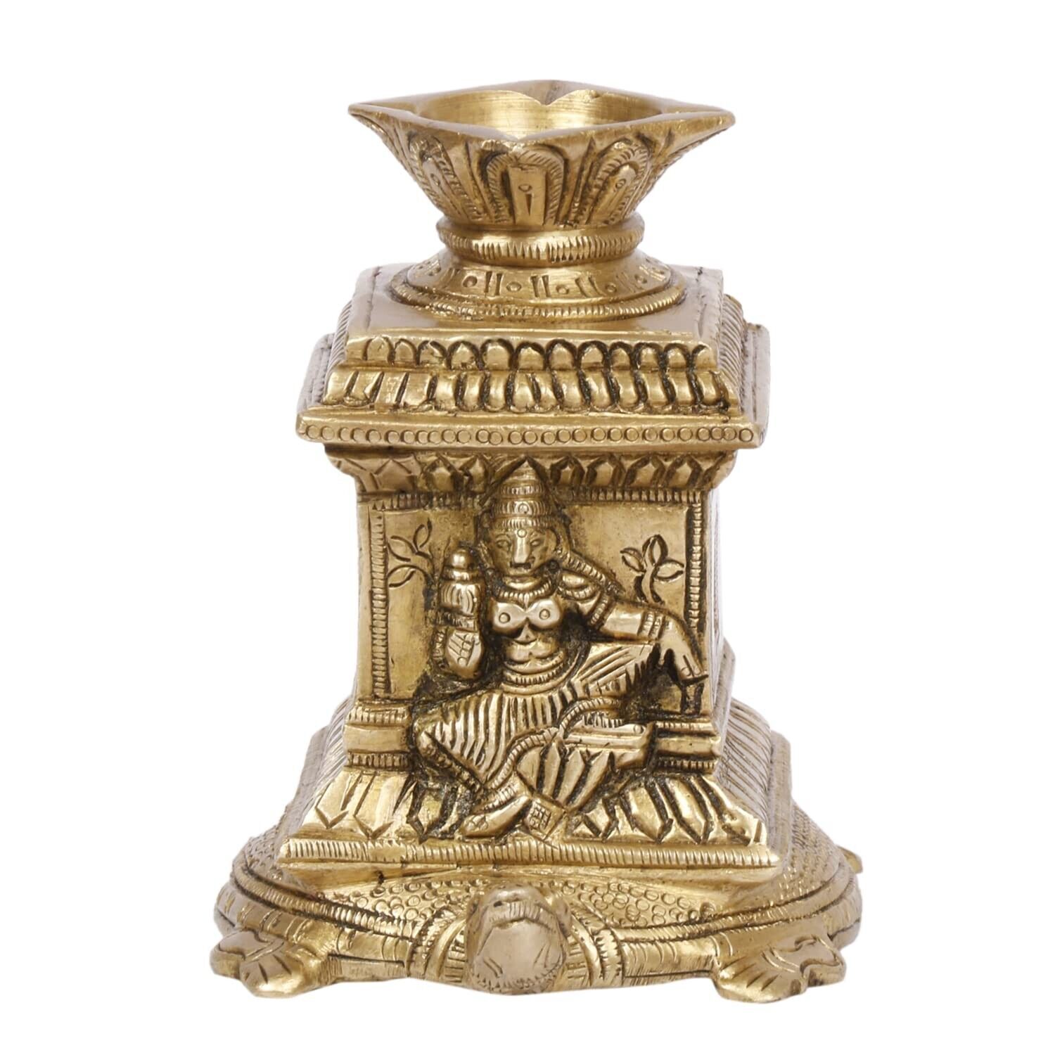 Brass Tulsi Kyara with Diya on Tortoise can Also be Used as Shaliram Stand Decor