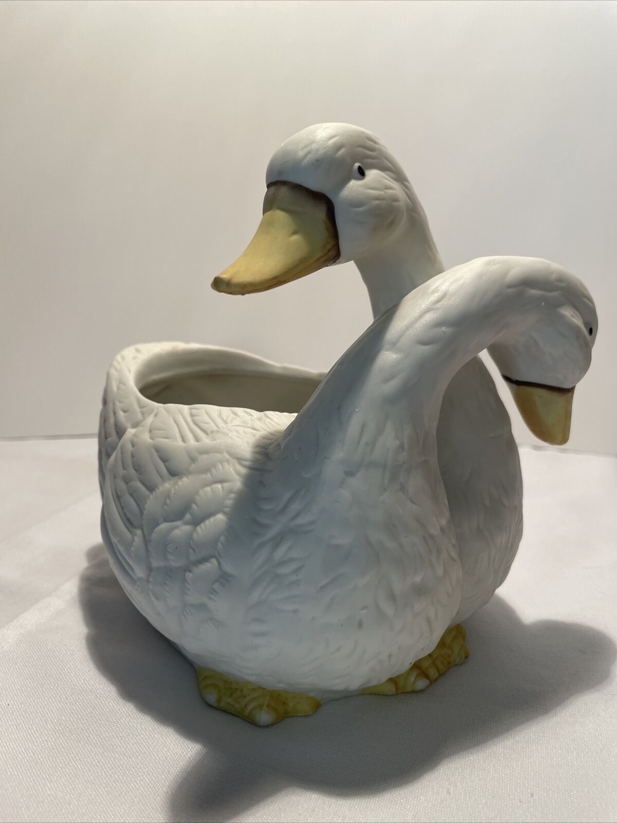 Adorable Vintage Ceramic Planter Two Entwined White Geese Hugging Ducks Mexico