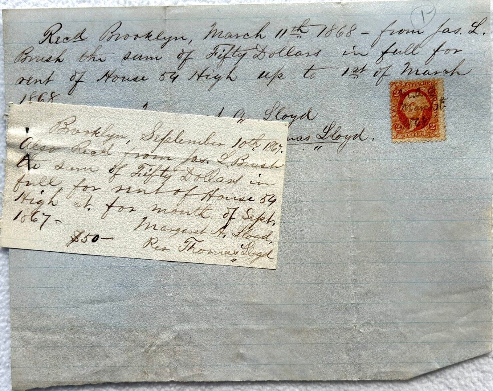 Antique 1868 Handwritten Receipt From Brooklyn, NY w/ Stamp