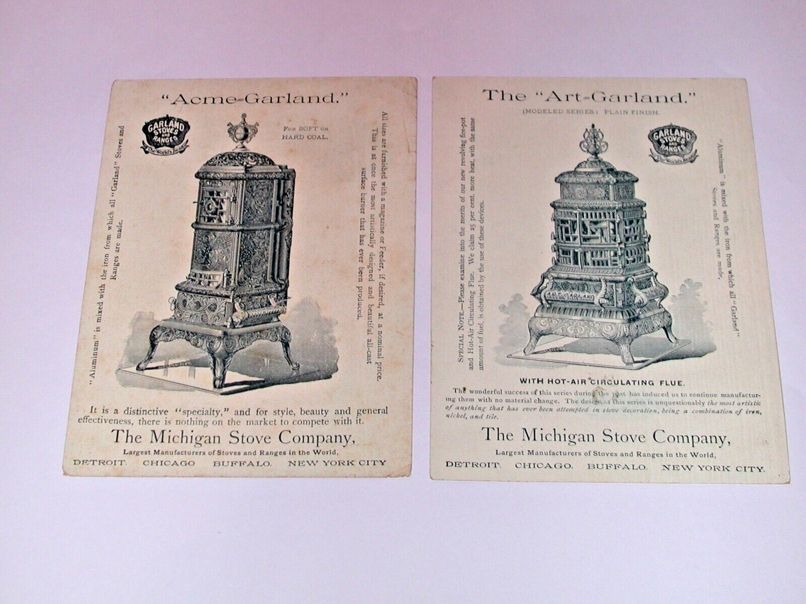 (2) Late 1890's Michigan Stove Co. Art and Acme Garland Base Burner Trade Cards