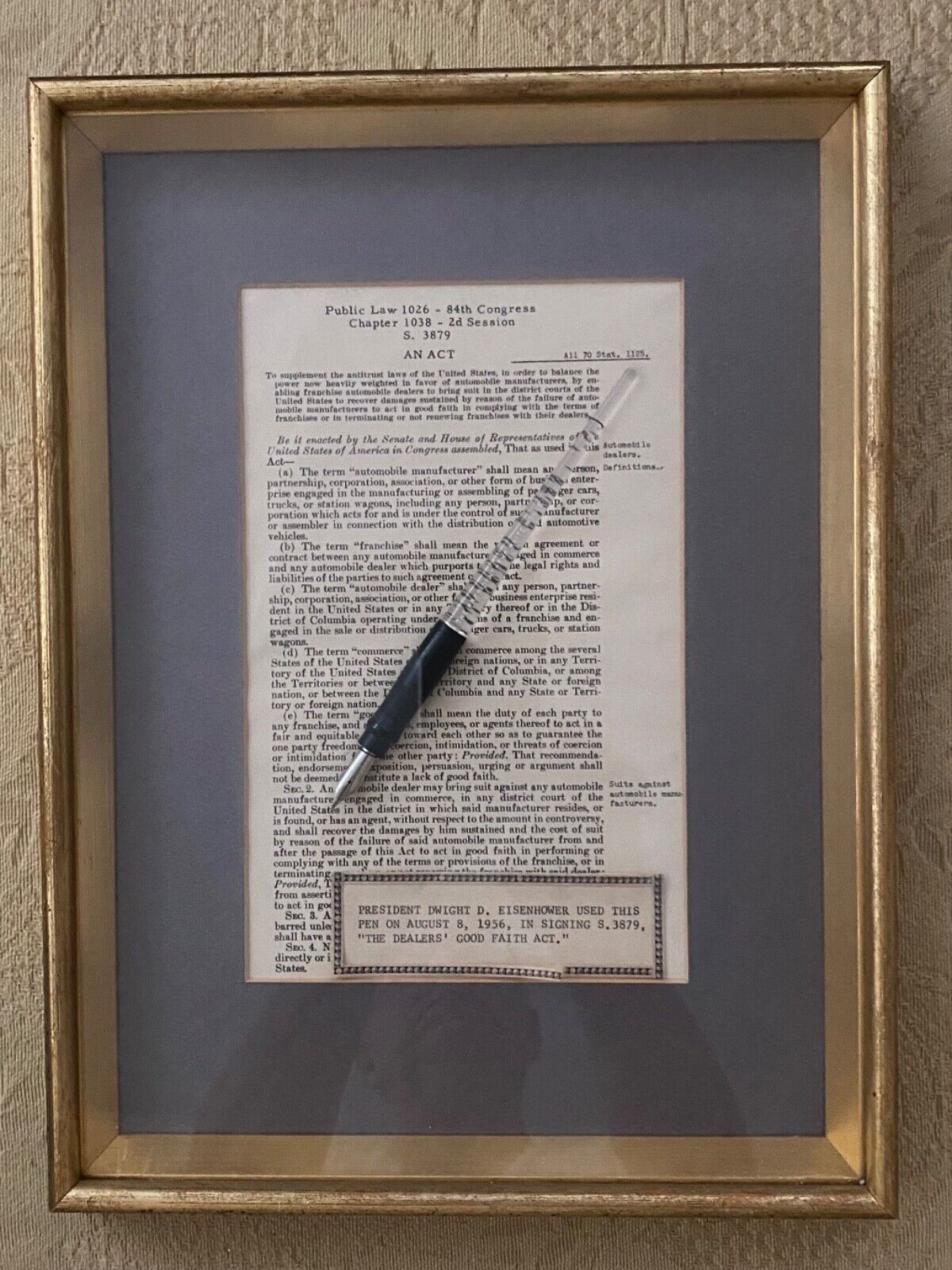 President Dwight D. Eisenhower Estabrook bill signing pen framed with bill copy