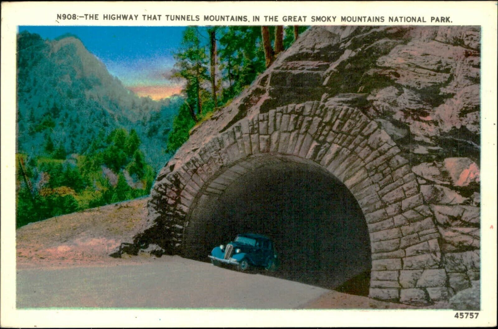 Postcard White Border The Great Smokey Mountains Tunnels and Chimney Tennessee