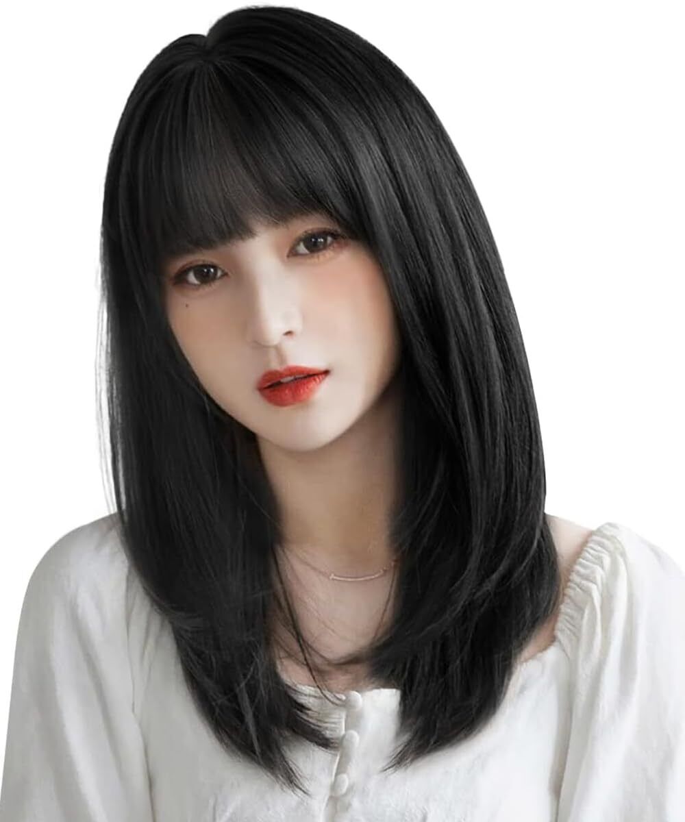 Vigorous Wig Semi-Long Medium Black Hair Black Straight Long Full Wig Ladies Tou