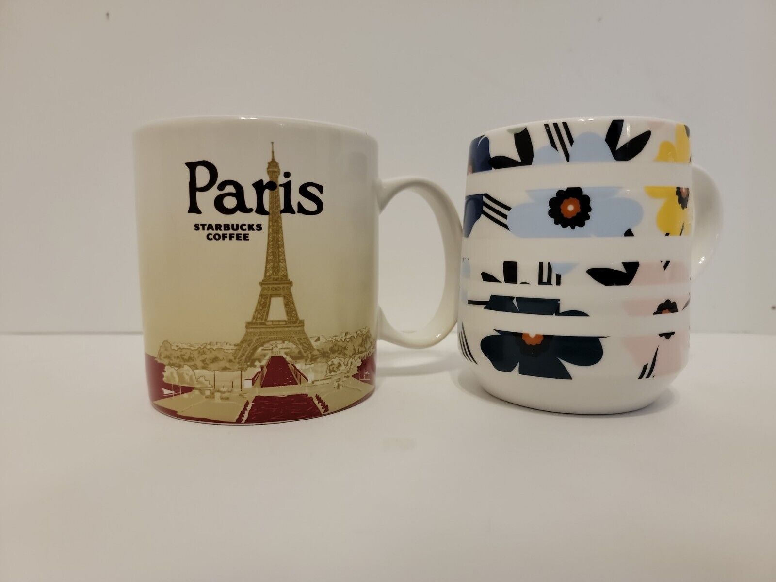 Lot of 2 Starbucks Mugs Collector Series Paris France Flower stripe 2015 2018