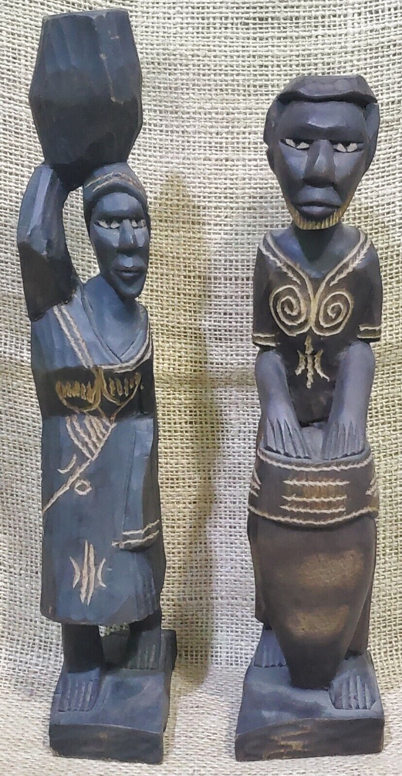 Carved Wood Figurine Pair 2 Hand Carved Woman and Man Signed JJH VINTAGE African