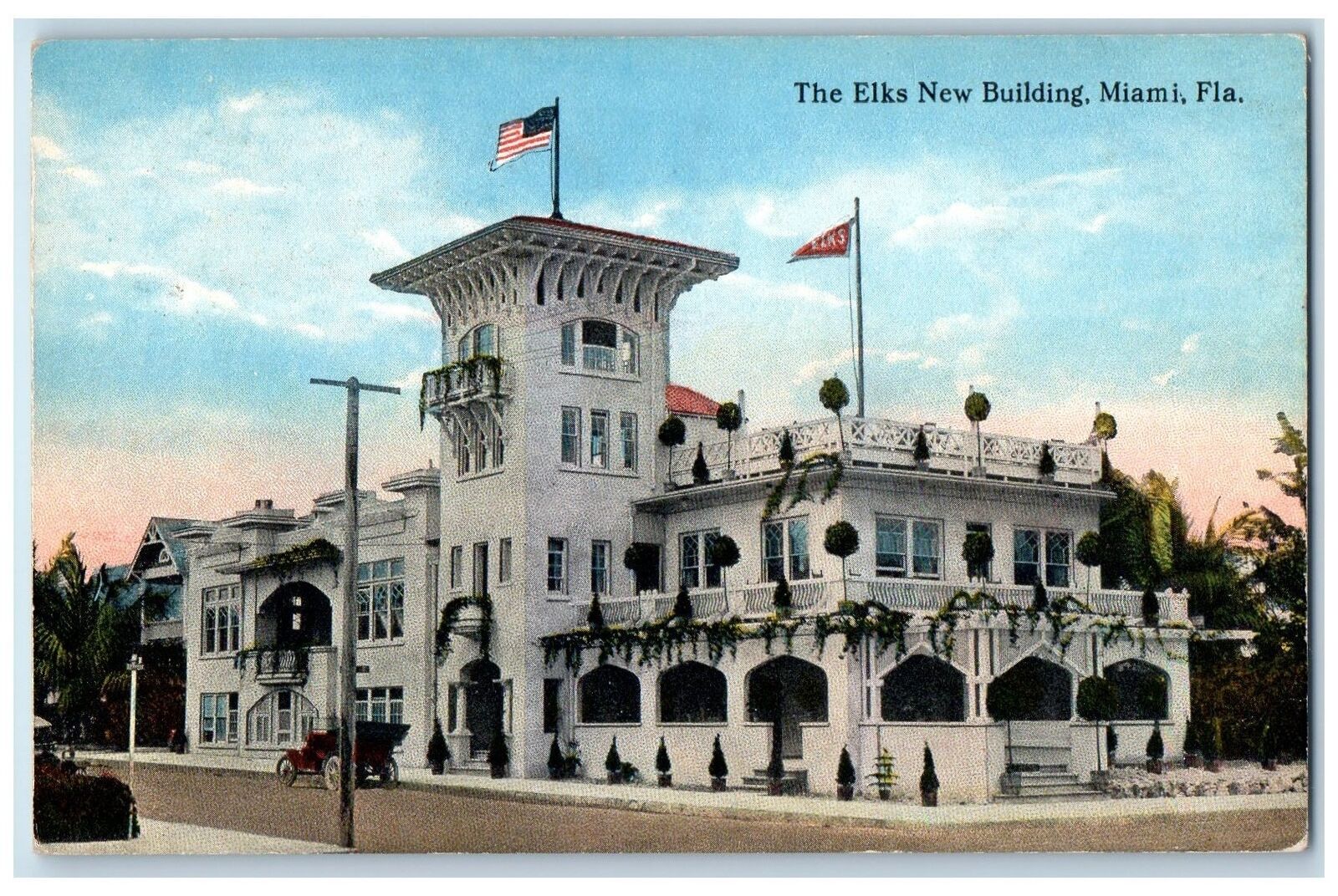 c1950\'s The Elks New Building Tower Flags Classic Cars Miami Florida FL Postcard