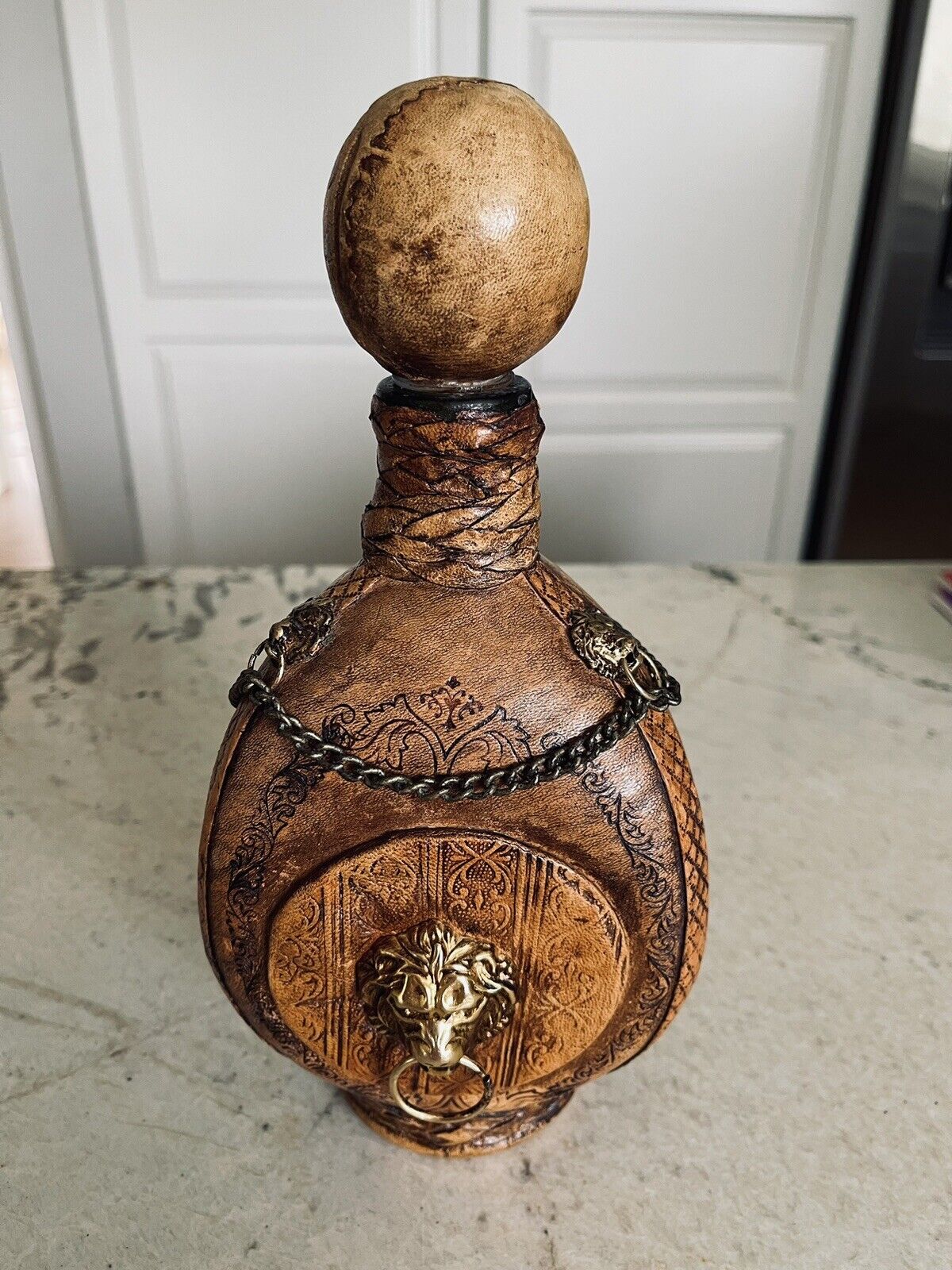 Vintage Italian Leather Wrapped Glass 'Lions Head' Decanter