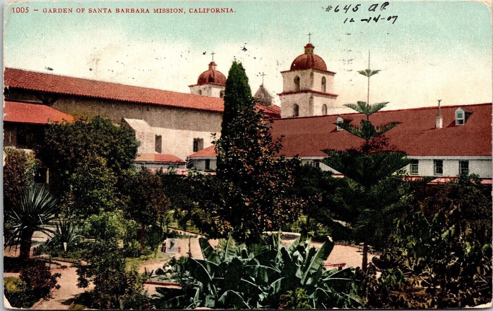 Outside View Garden Santa Barbara Mission California CA Greenery Postcard Note