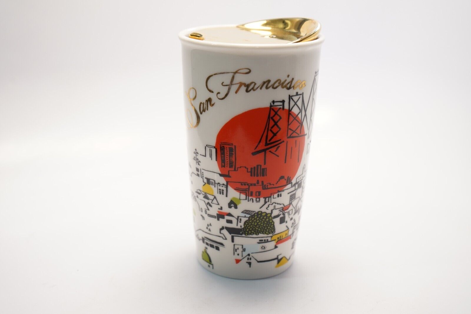 2015 Starbucks San Francisco Ceramic Travel Cup Mug 12 Oz Lid Golden Gate Abstra