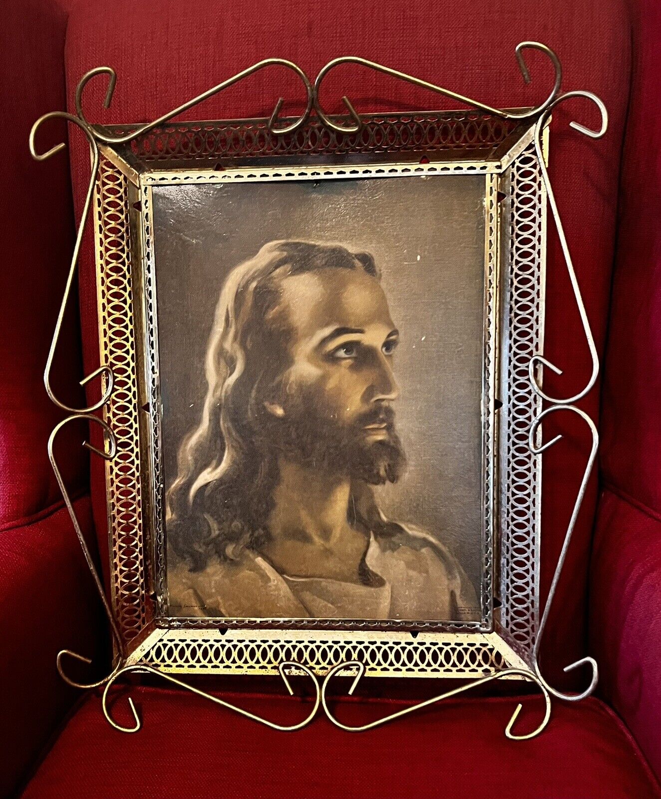 Vintage Lighted Jesus Last Supper Hologram Filagree Brass Picture Frame 15”x17”