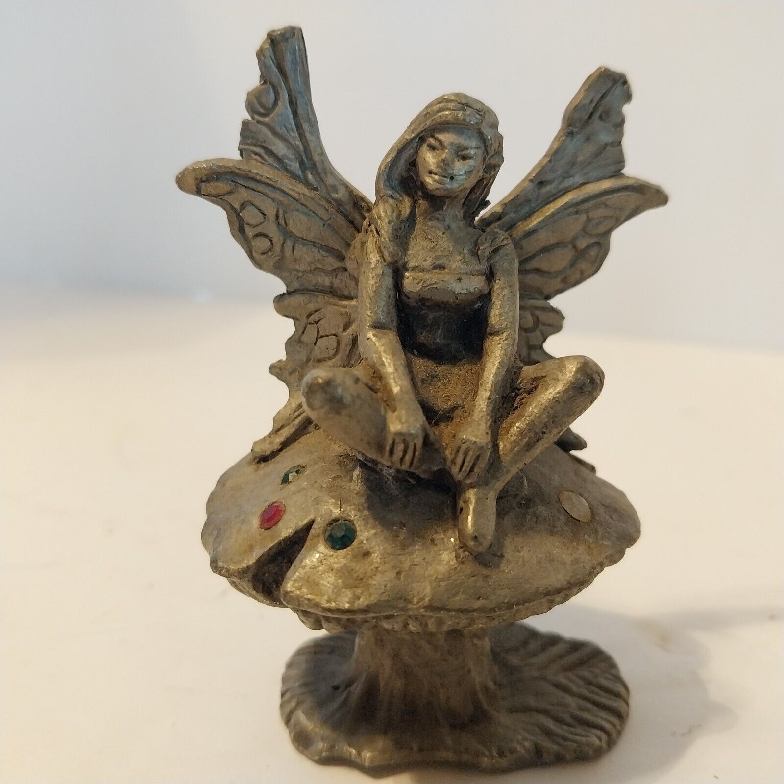 Sunglo Denicolo Pewter Fairy Wings Jeweled Mushroom Toadstool Fantasy Figurine
