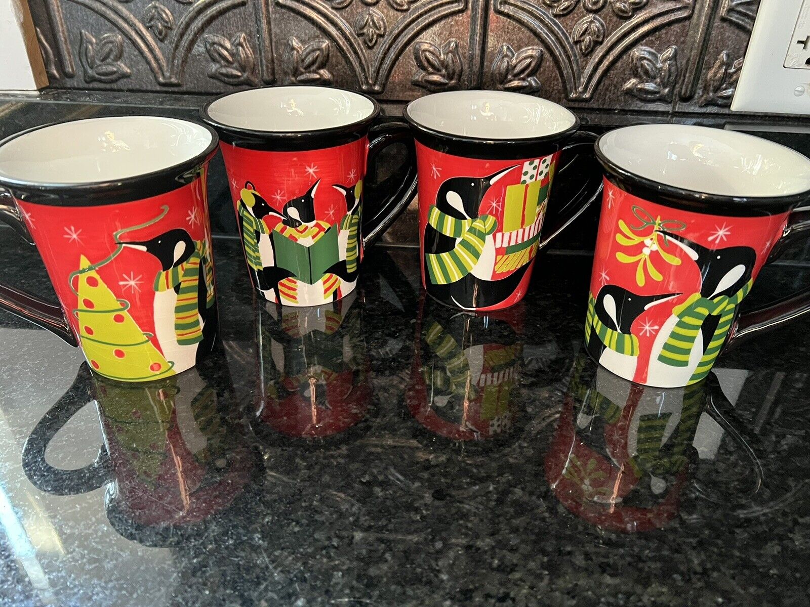 Certified International Christmas Penguin Holiday Coffee Mugs Set of 4