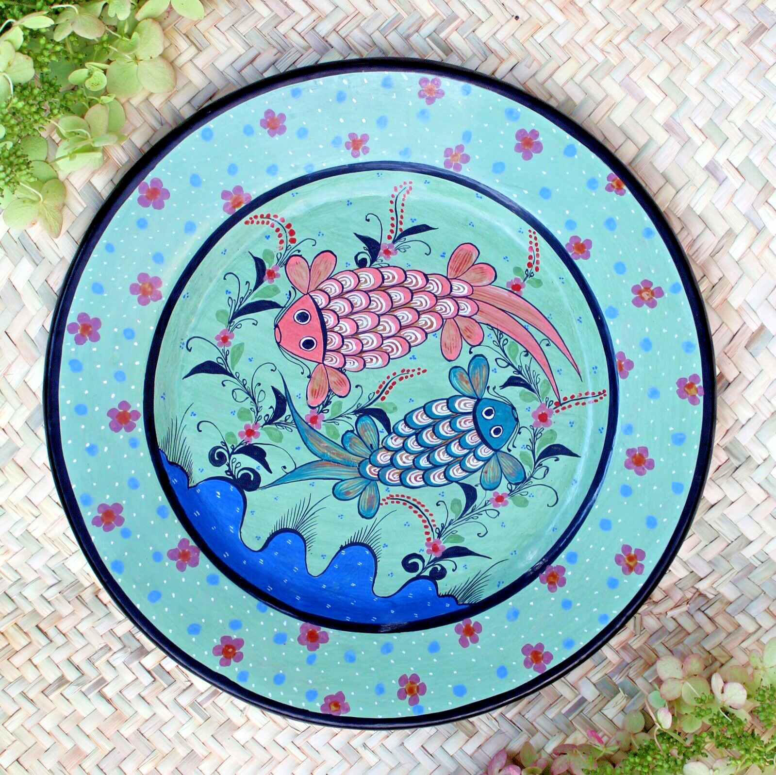 Large Decorative Plate Fish Hand Painted Burnished by Medrano Mexican Folk Art