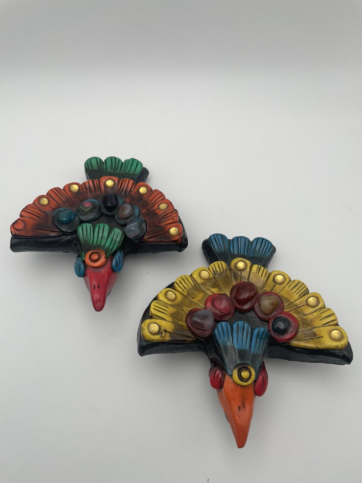 Unique Pair Of Colorful Clay Mexican Aztec Bird Whistles Excellent Condition