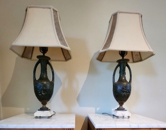 Lamps - Large Pair French Art Nouveau Style Antique Garniture Vases/marble Base