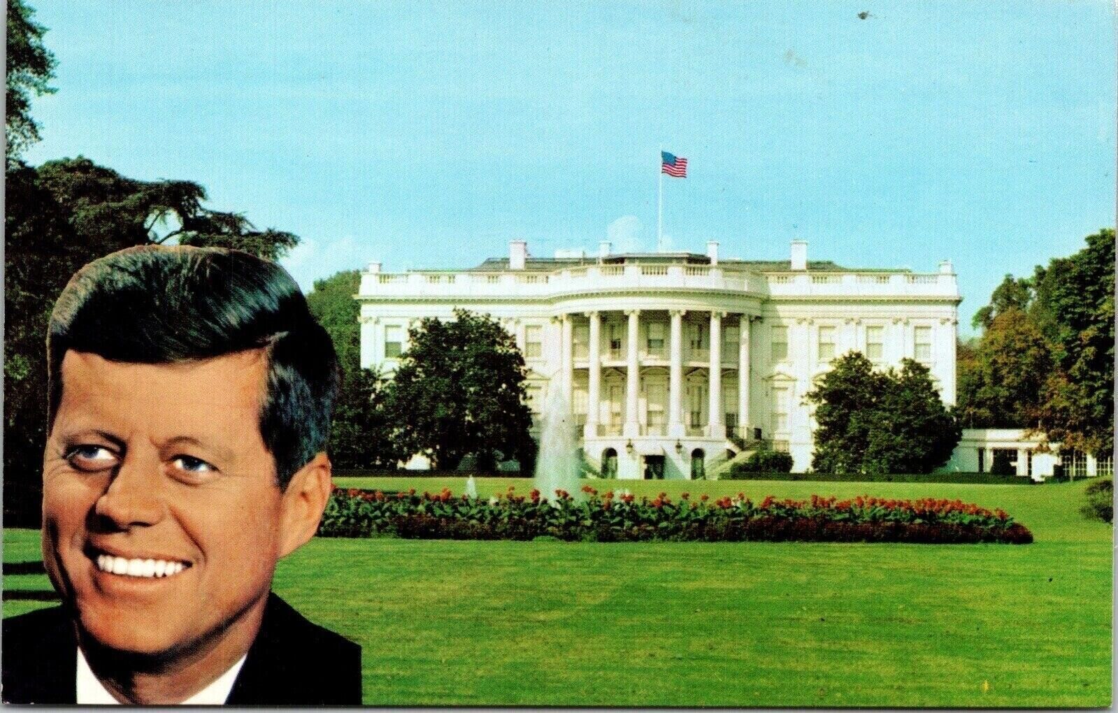 John F Kenedy Photo Front White House Washington DC WA US Flags Postcard VTG